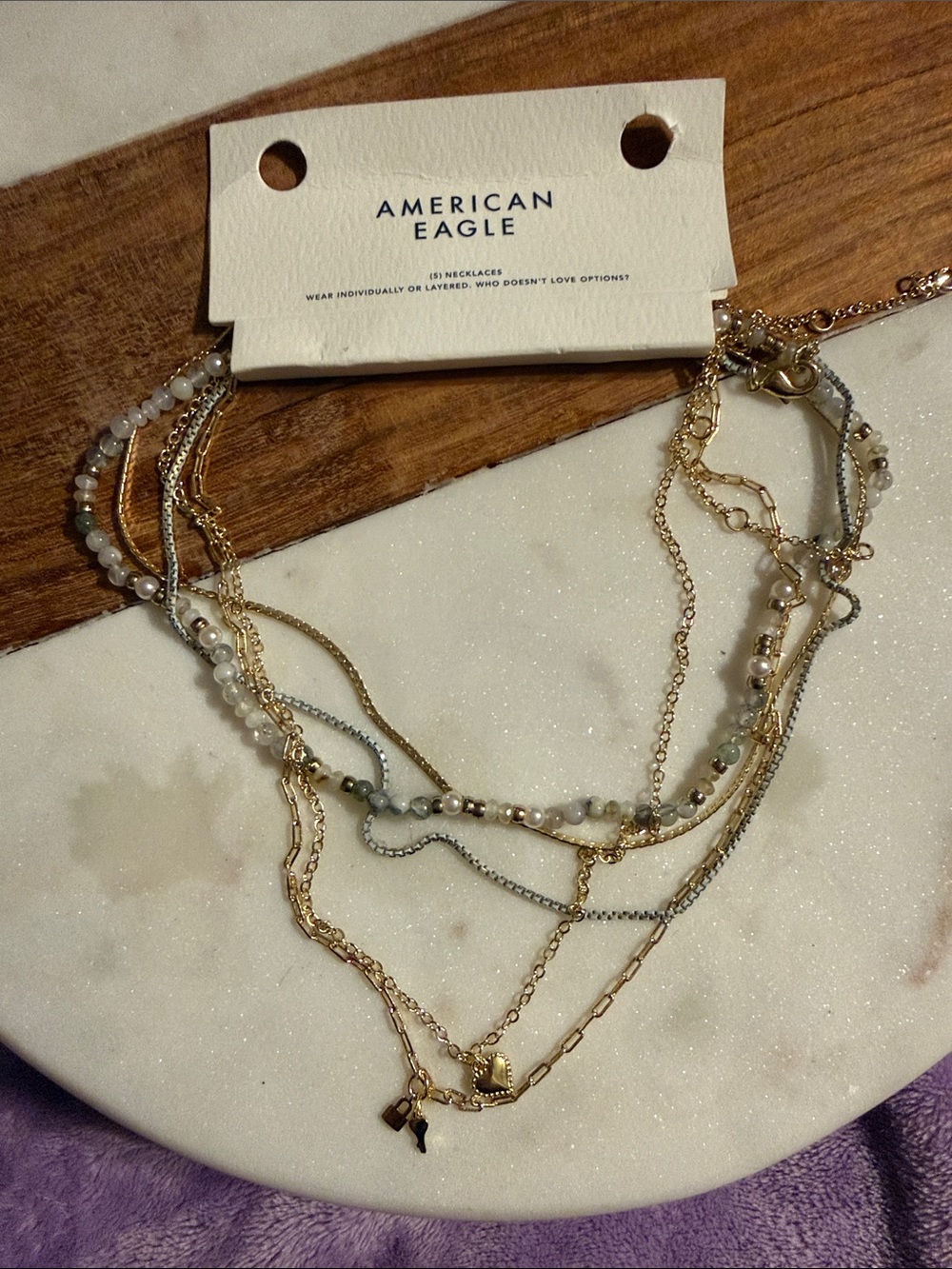American Eagle Outfitters Gold Multi-Strand Necklace with Gray and Cream Beads